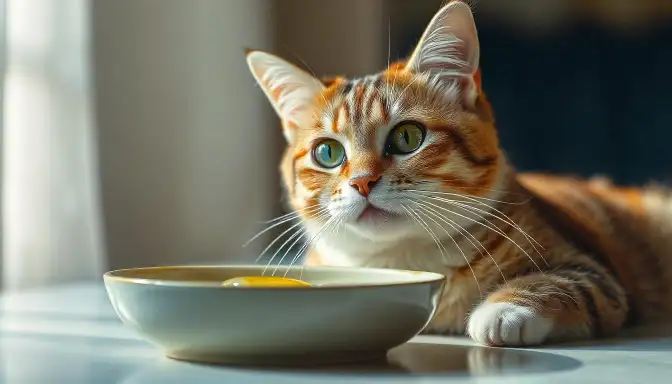 A cat sits beside a bowl of food, highlighting the nutritional content of olive oil in its diet.