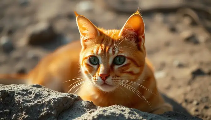 An orange cat sitting on a rock, showcasing the diverse names for a cat called in other countries.