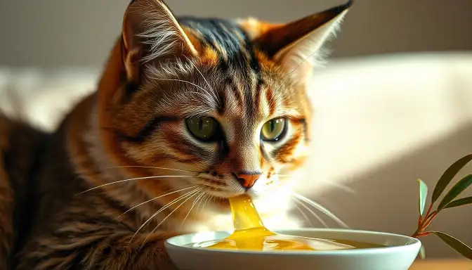 A cat drinking from a bowl filled with food ingredients, showcasing its enjoyment of the meal.