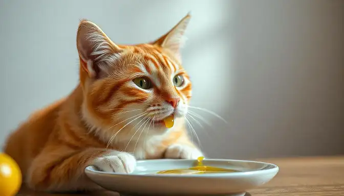 An orange tabby cat sits on a table beside a bowl of food, illustrating the question: How Much Olive Oil is appropriate?