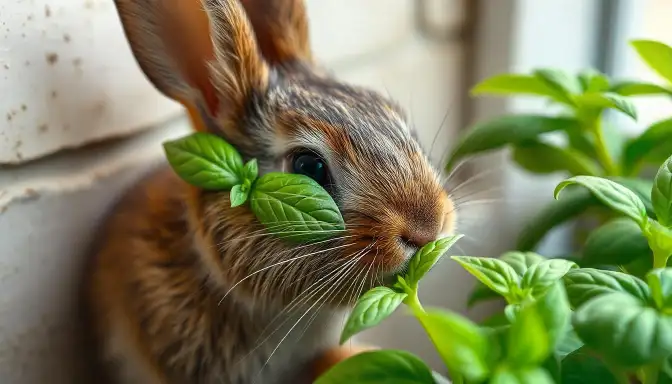 A rabbit enjoying cheese on a plate, illustrating the theme "Bunnies Eat Basil" in a delightful culinary moment.