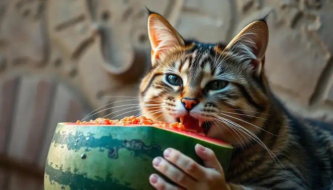 A cat enjoying a slice of watermelon, illustrating the question: Is Rockmelon Safe for My Cat?