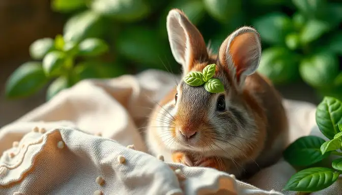 A small rabbit wearing a green headband, embodying the theme of "Serving Basil to Bunnies" in a playful manner.