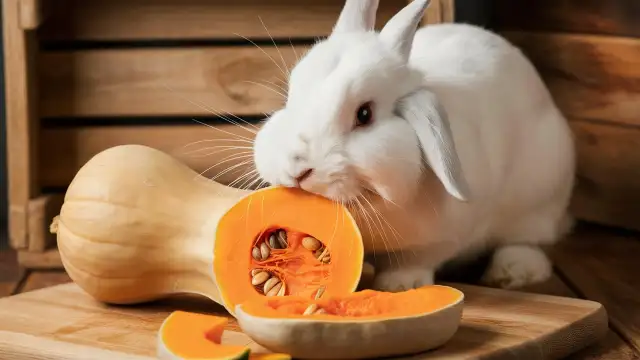 A white rabbit munching on a pumpkin, illustrating how rabbits eat raw butternut squash in their natural diet.