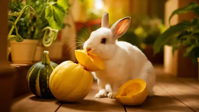 A white rabbit nibbling on a pumpkin, surrounded by vibrant yellow and green squash in a garden setting.